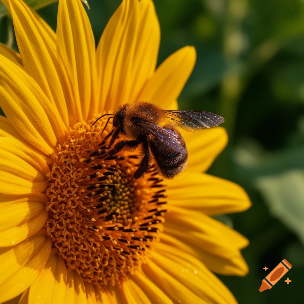 A fluffy bee collects pollen from a bright yellow sunflower.