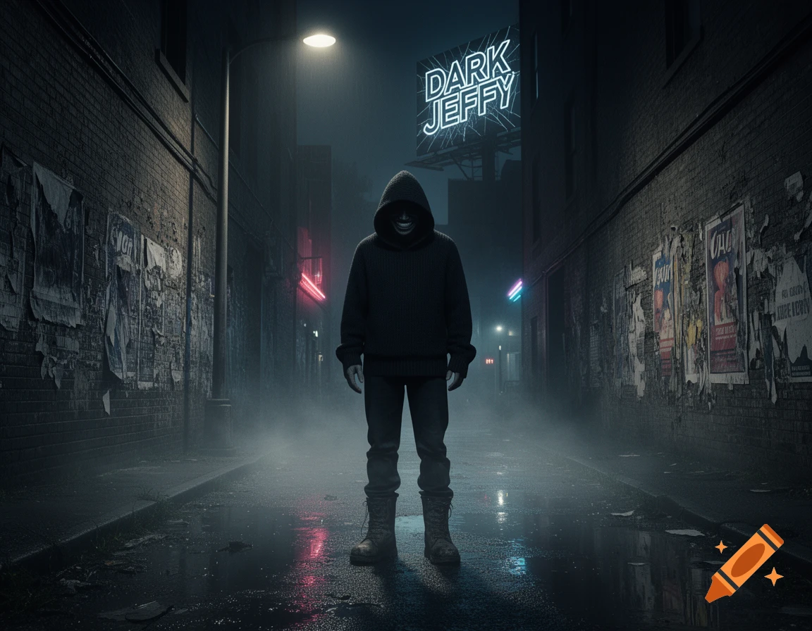 A masked, hooded figure stands in a dark, foggy alleyway under a streetlamp, with a neon sign that reads "DARK JEFFY" in the background. Cinematic style.