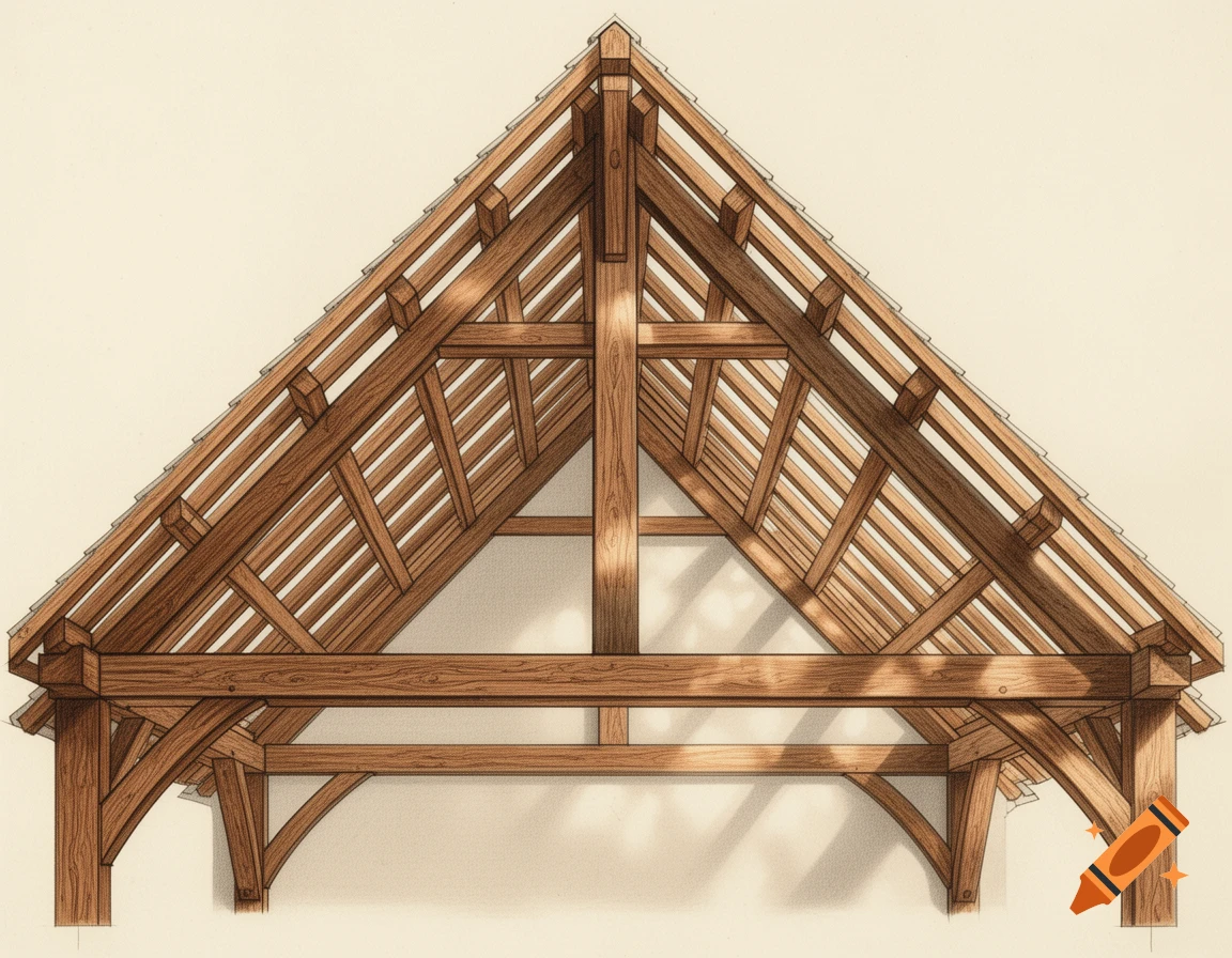 A detailed architectural illustration of a timber-framed roof truss structure with rafters and beams against a light background.