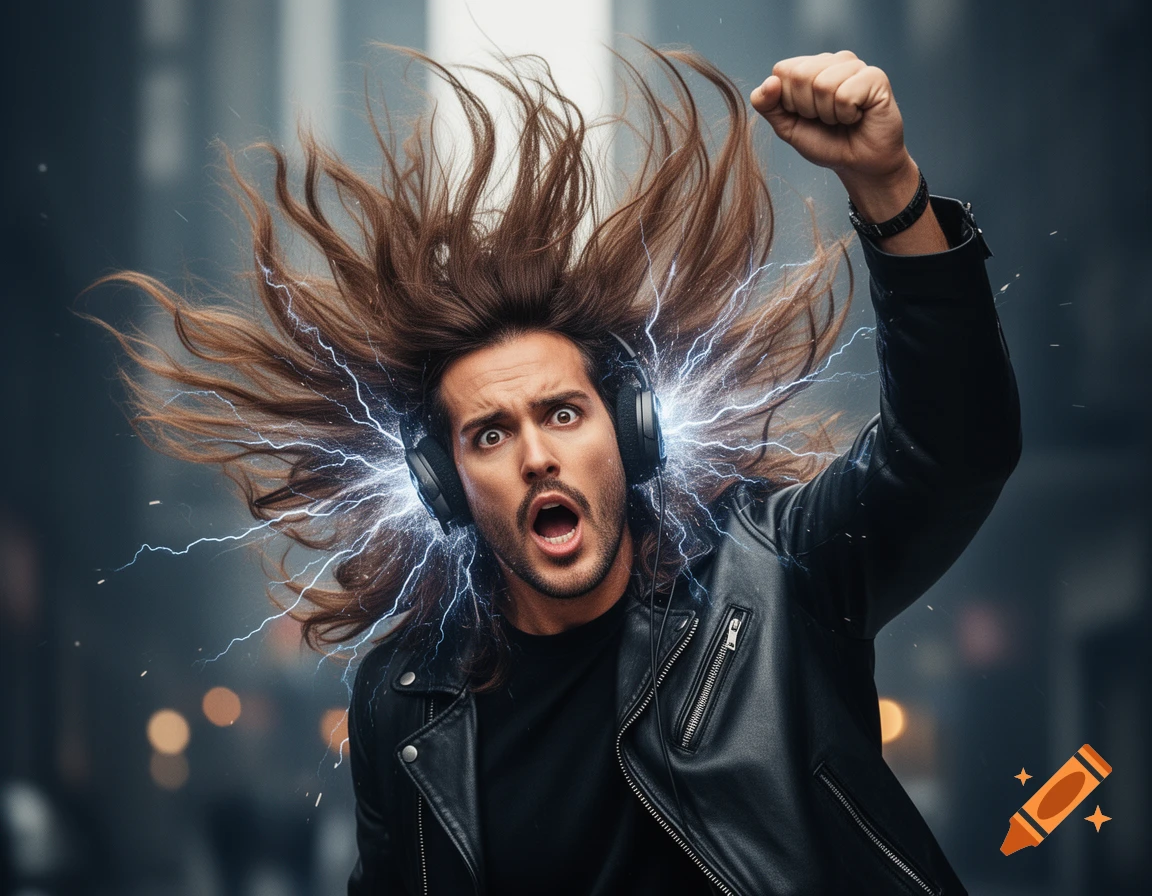 A man with long, wild hair and a shocked expression wears headphones emitting blue lightning, a black leather jacket, and has a raised fist.