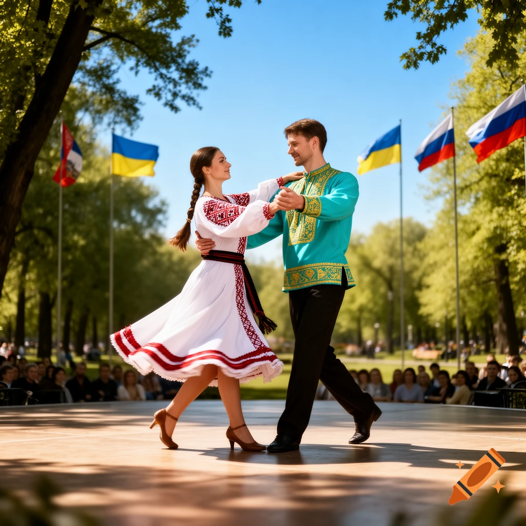 A man and woman in traditional Ukrainian and Russian clothing dance on an outdoor stage, with flags in the background.