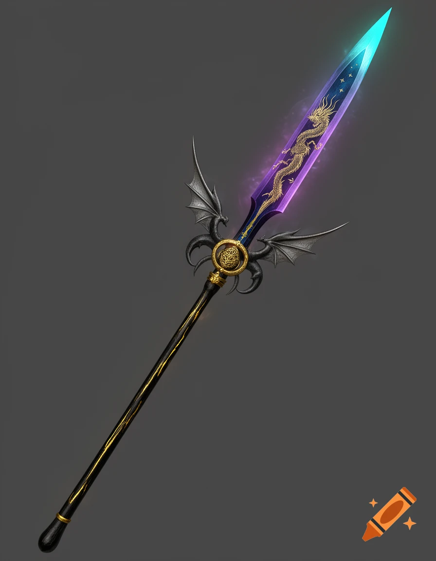 A fantasy spear with a glowing purple and turquoise blade featuring a golden dragon motif, black hilt with golden veins, and bat-wing guards.