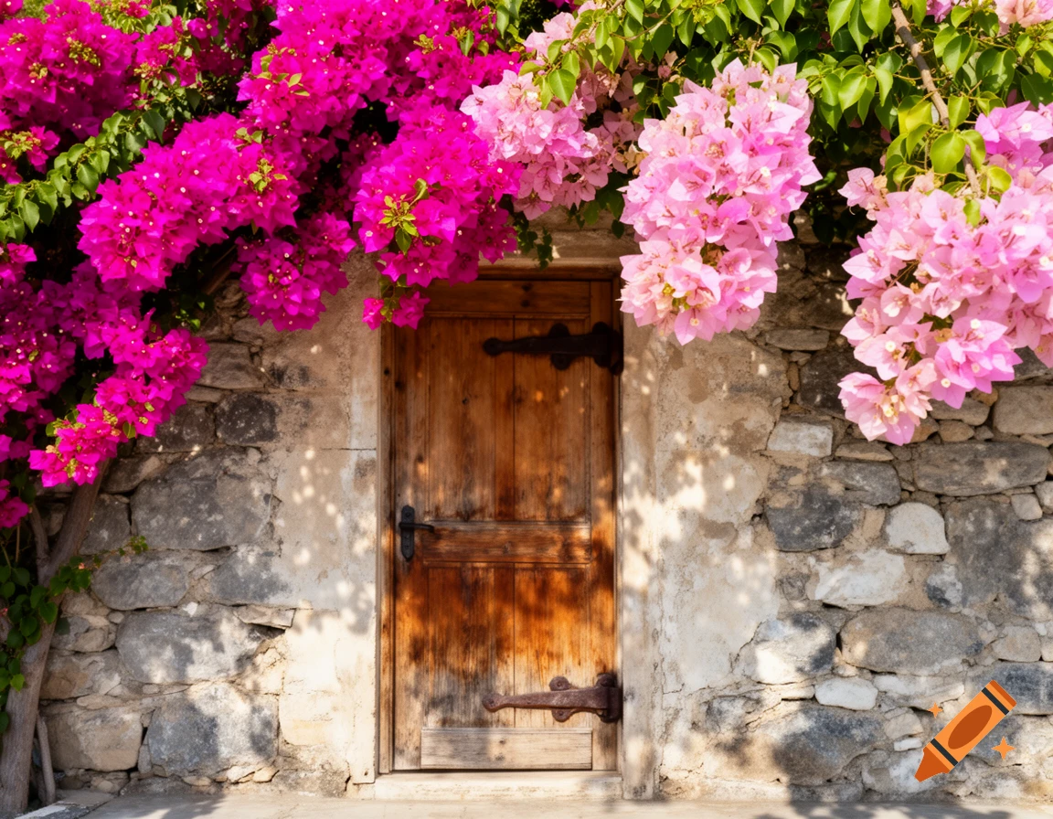 Vibrant pink and fuchsia bougainvillea flowers frame a rustic wooden door set into a weathered stone wall.