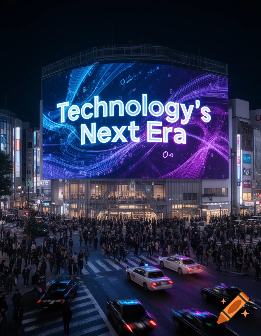 Photorealistic nighttime cityscape with a large billboard displaying 'Technology's Next Era' above a busy street with pedestrians and cars.