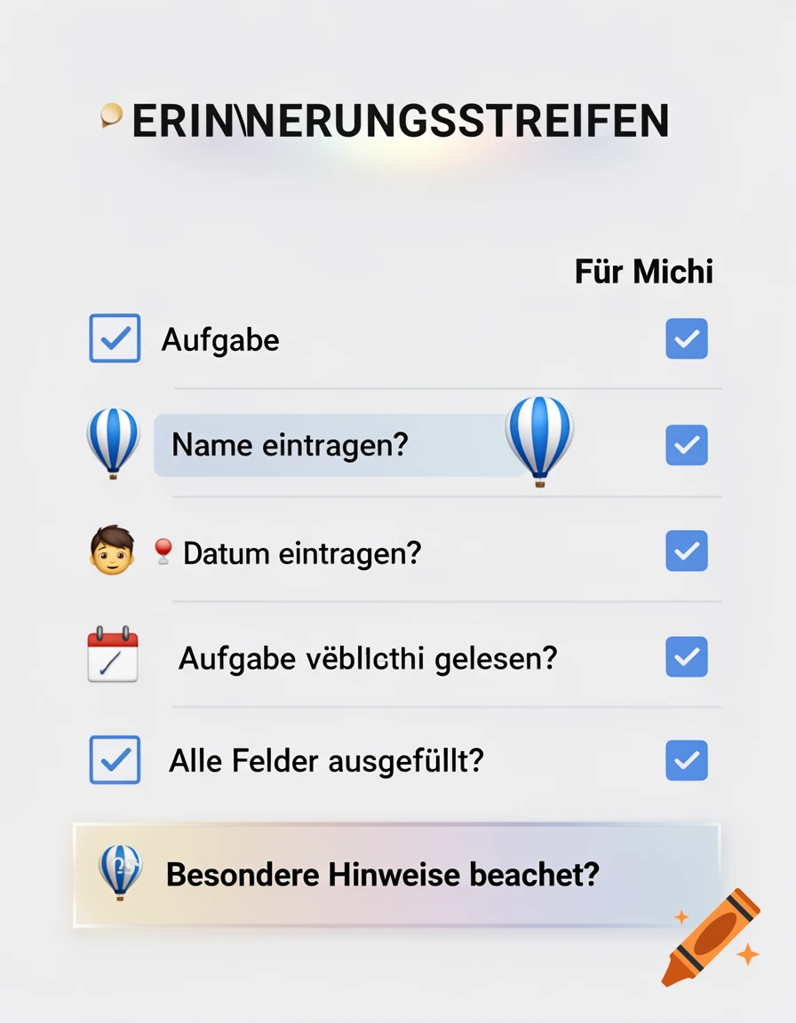 A digital checklist interface titled "ERINNERUNGSSTREIFEN" with several items like "Aufgabe", "Name eintragen?", "Datum eintragen?", and "Alle Felder ausgefüllt?", most checked off.