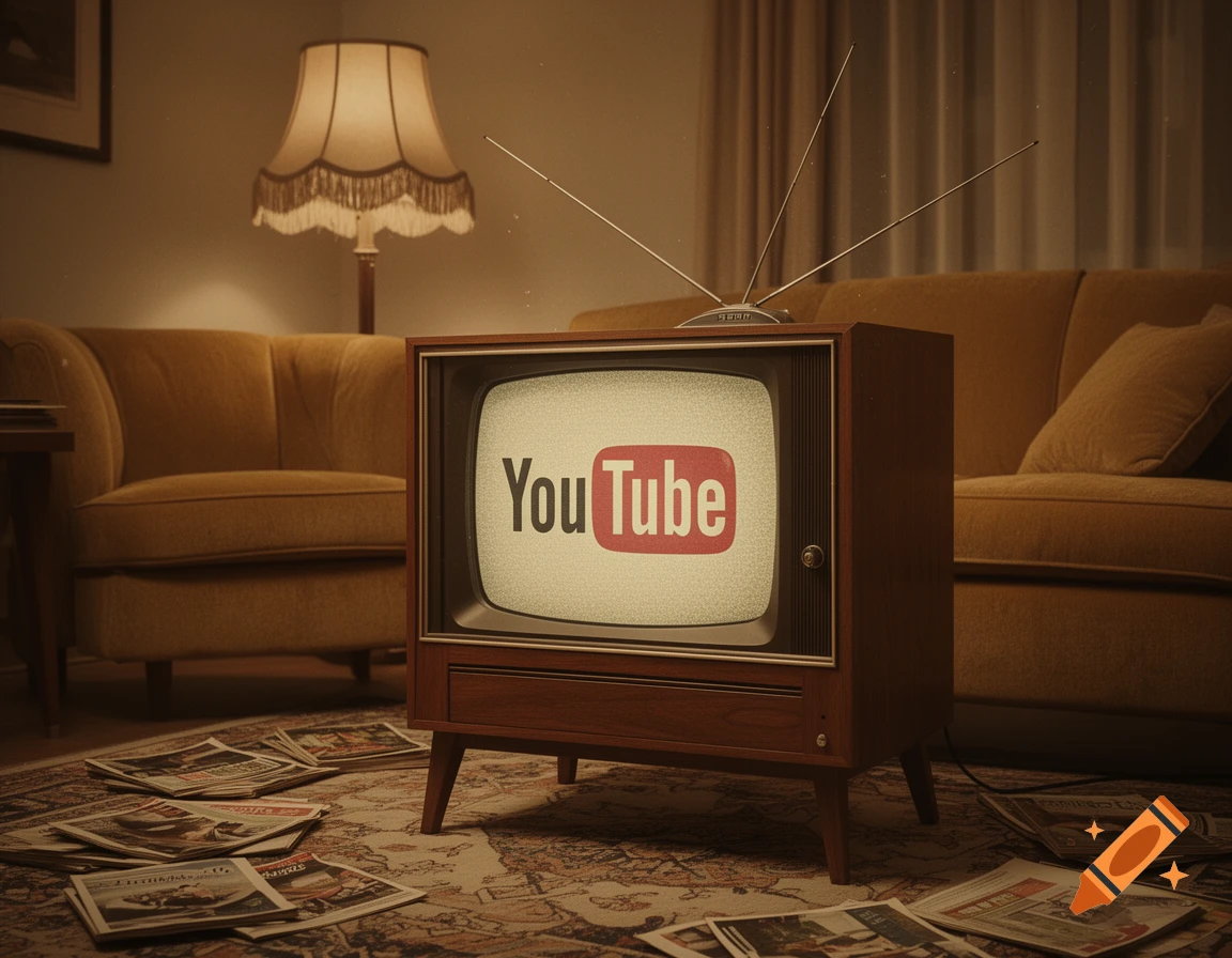A retro living room with a vintage TV displaying the YouTube logo on a static screen, surrounded by old furniture and newspapers.