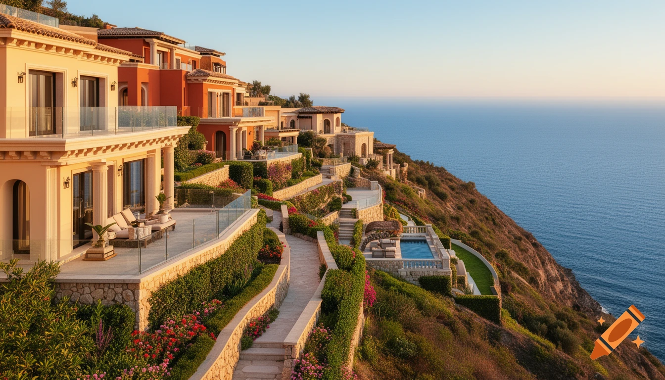 Photorealistic luxury Mediterranean villas on a terraced cliffside with gardens and pools overlooking the blue ocean at sunset.