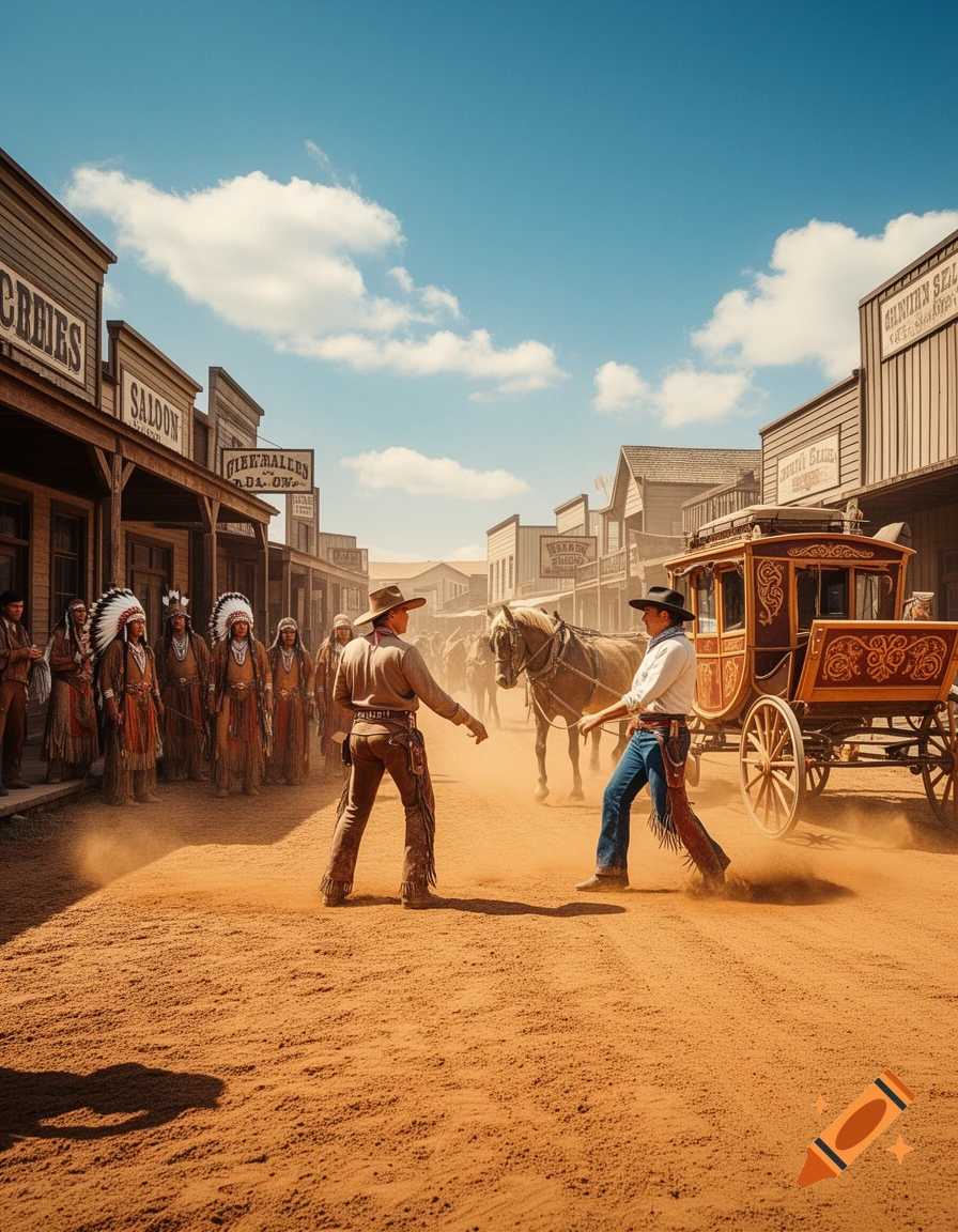 A photorealistic Western scene with a standoff between cowboys and Native Americans on a dusty street with buildings, a horse, and a stagecoach under a blue sky.