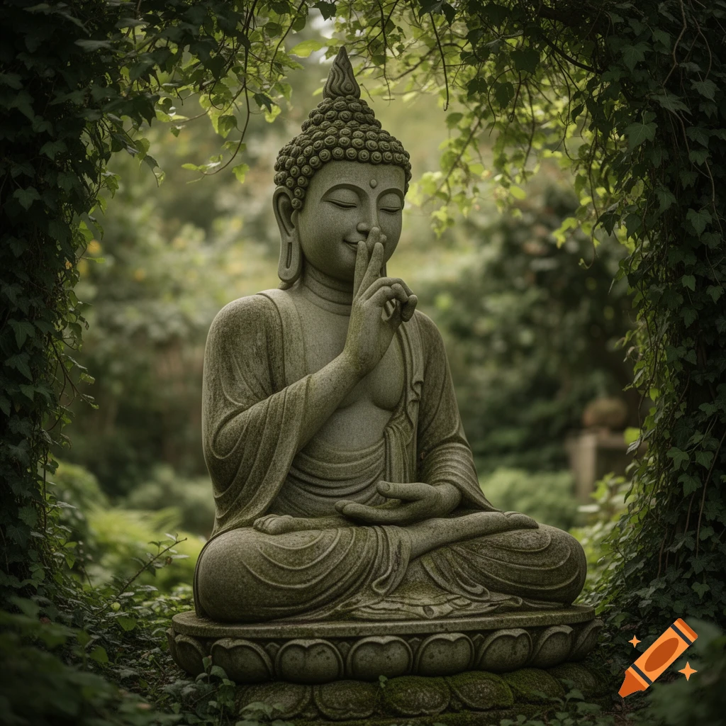 A moss-covered Buddha statue sits in a lush green garden, pinching its nose with two fingers.