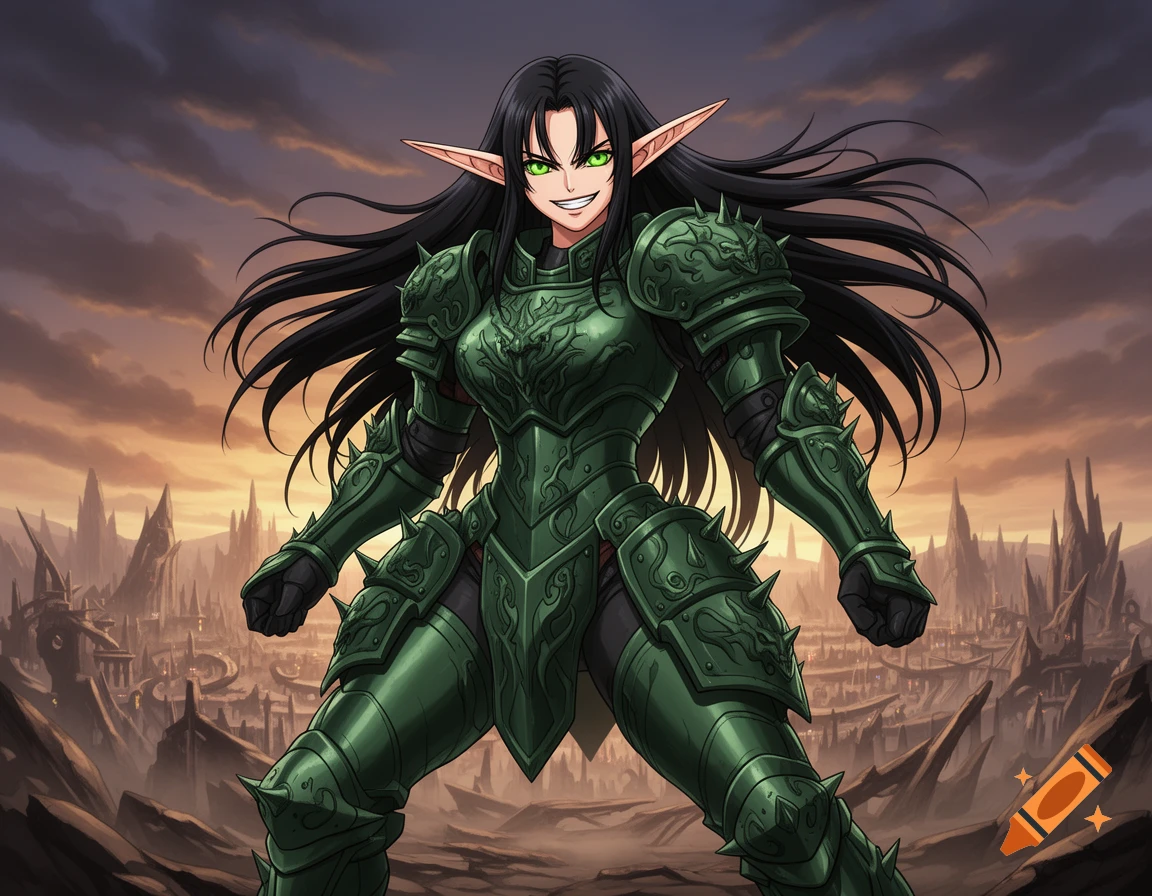 Anime female Blood Elf warrior in dark green spiky armor with a fierce grin, on a fantasy battlefield.