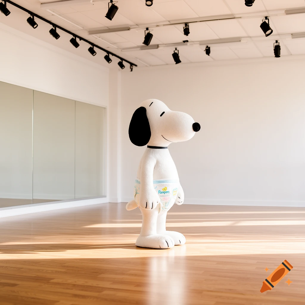 A photorealistic image of Snoopy from Peanuts wearing a Pampers diaper, standing in an empty dance studio with wood floors and mirrors.