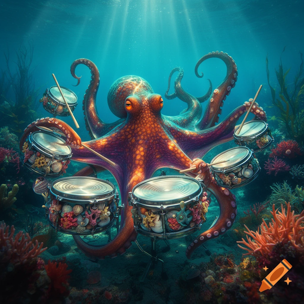 A large, orange and purple octopus plays an intricate drum kit underwater, surrounded by colorful coral in a sunlit ocean.