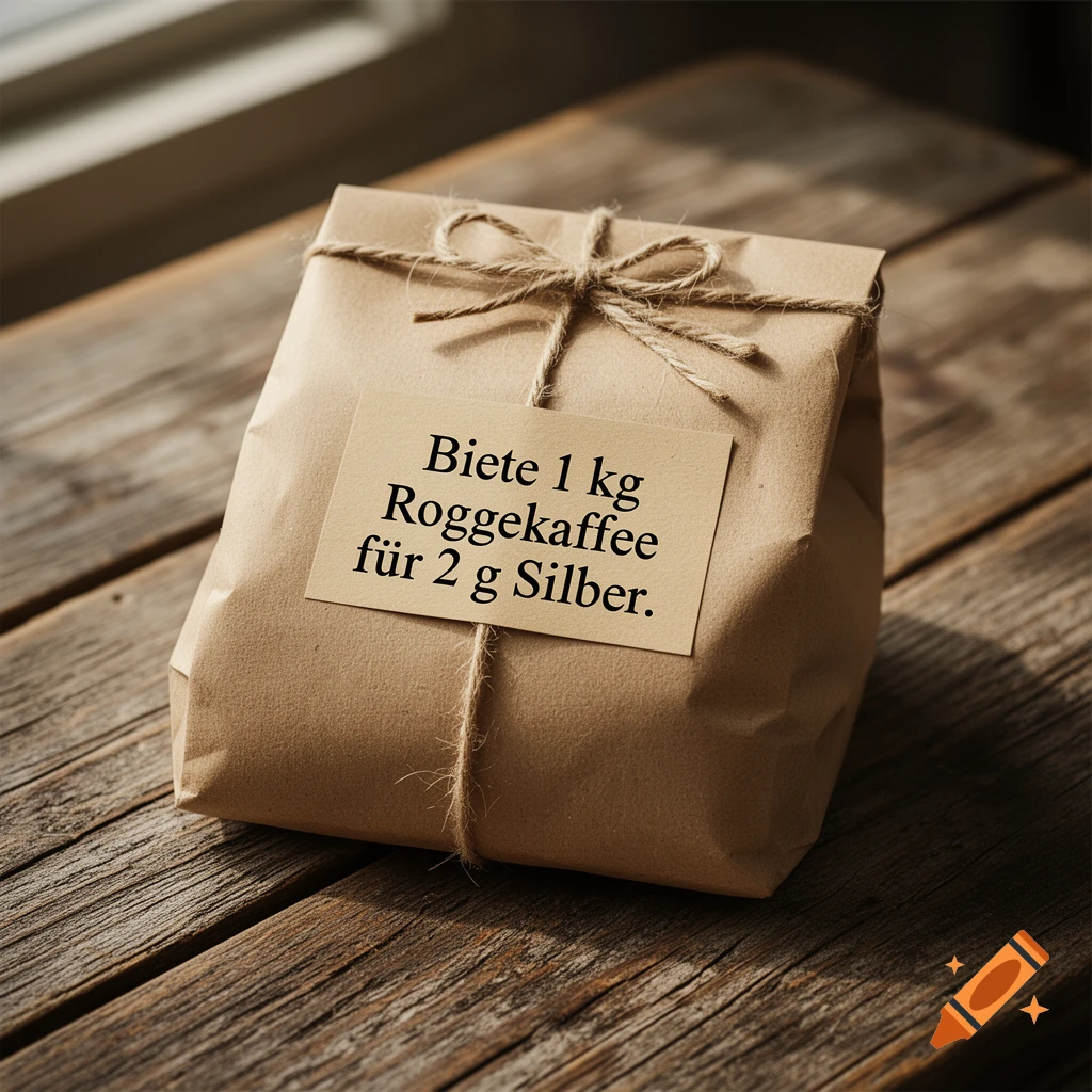 A brown paper package tied with twine, featuring a label that reads 'Biete 1 kg Roggekaffee f ür 2 g Silber,' sits on a rustic wooden table.