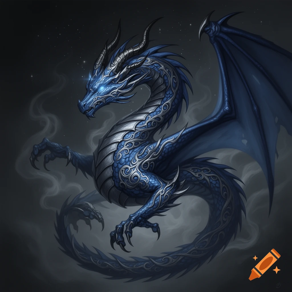 A majestic blue dragon with glowing eyes and intricate silver tribal patterns on its scales and wings, against a dark, smoky, starry background.