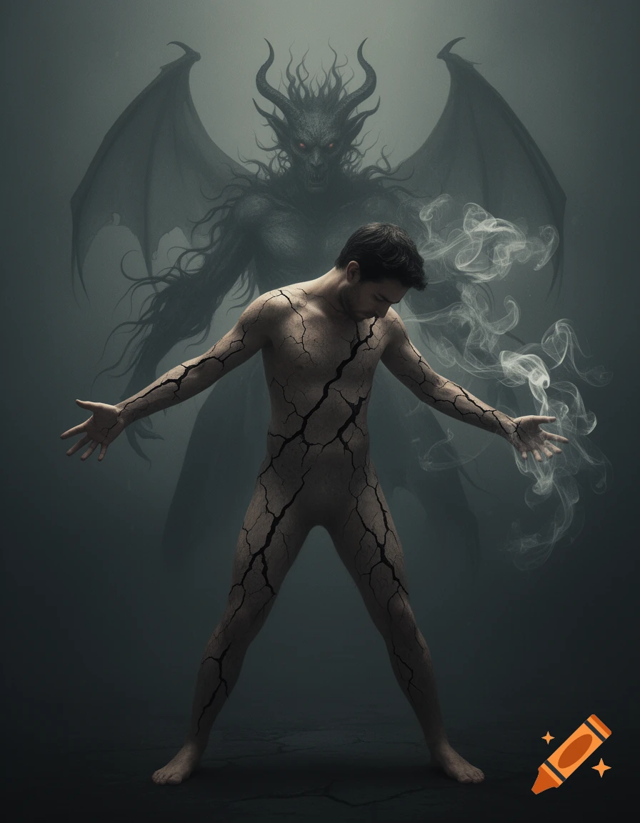 A cracked man with smoke emanating from his body stands before a shadowy, winged demon in a dark, dramatic scene.