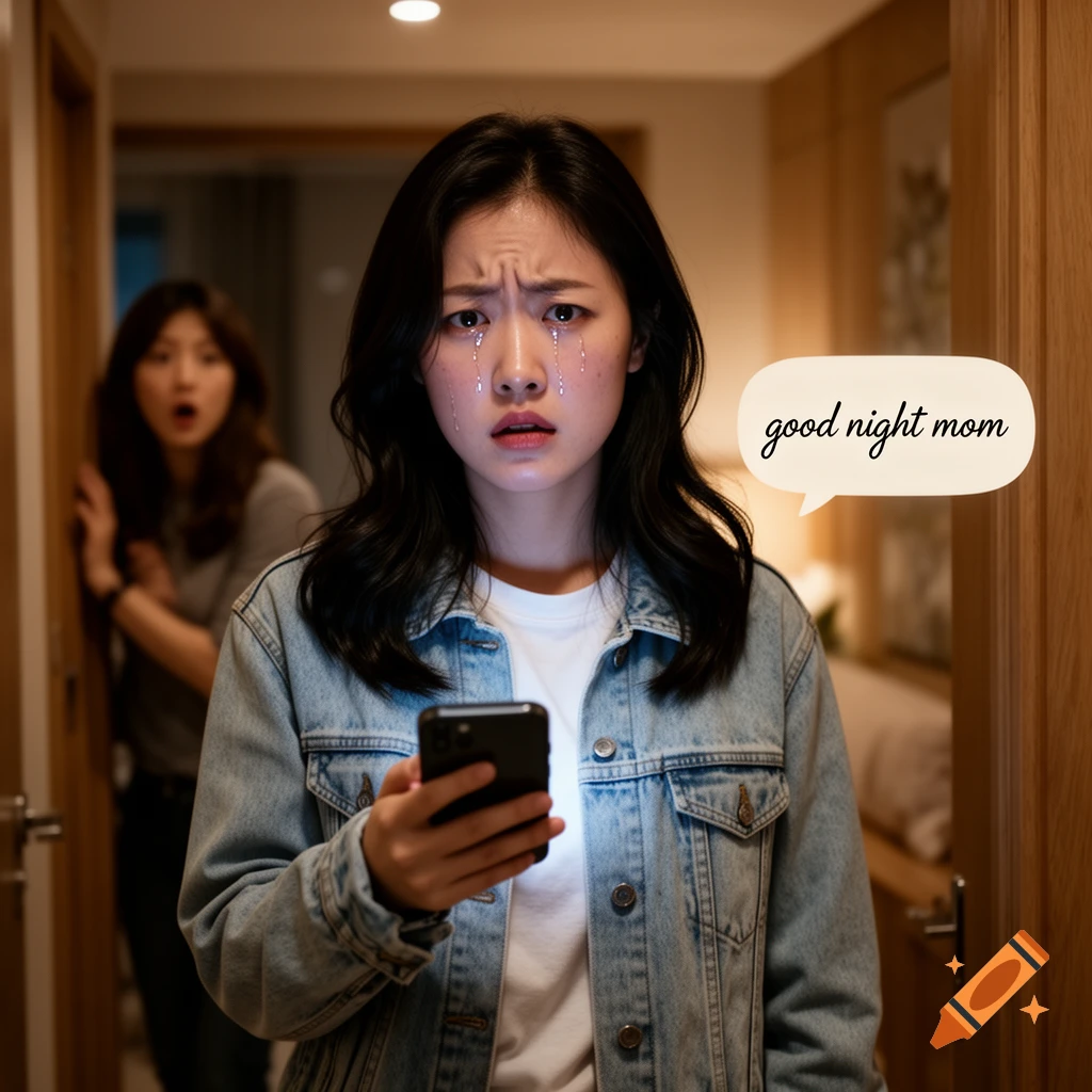 Crying young woman with phone, 'good night mom' speech bubble, another woman shocked in background. Photorealistic.