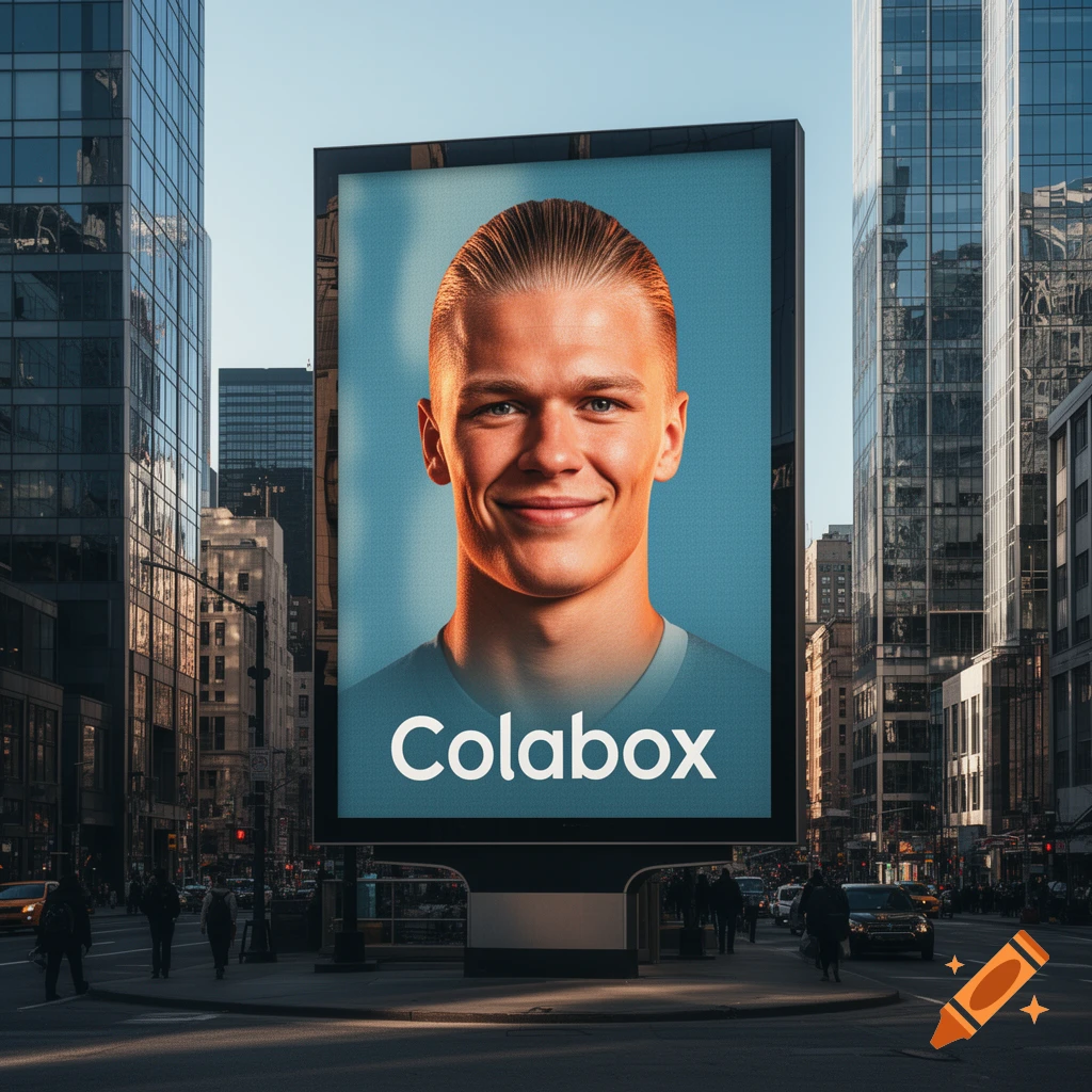 A photorealistic billboard featuring Erling Haaland's smiling face and the text 'Colabox' stands on a busy city street.