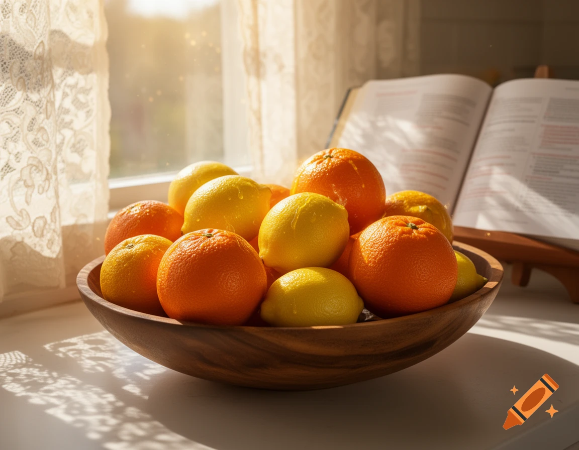 A wooden bowl filled with bright oranges and yellow lemons sits on a sunlit windowsill, with an open book in the background.