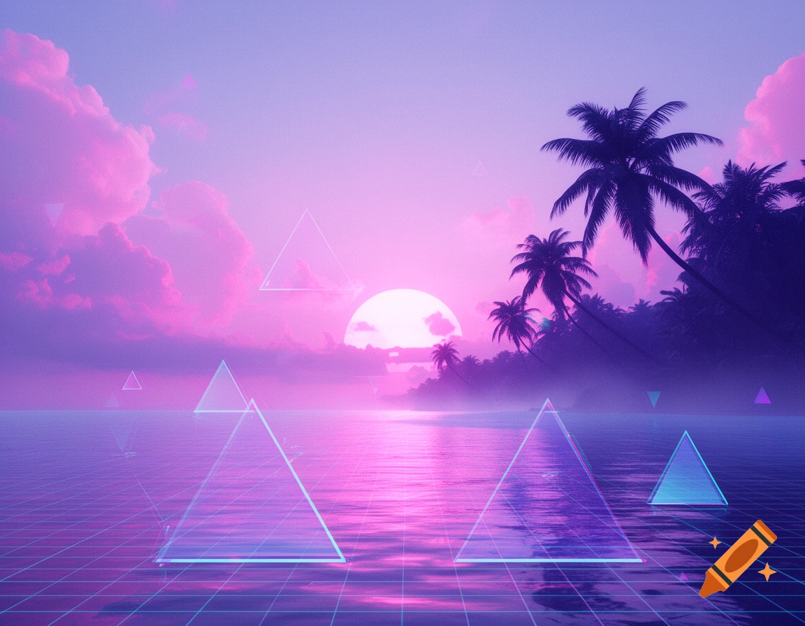 Vaporwave tropical sunset with purple and pink sky, silhouetted palm trees, a glowing grid ocean, and neon geometric triangles.