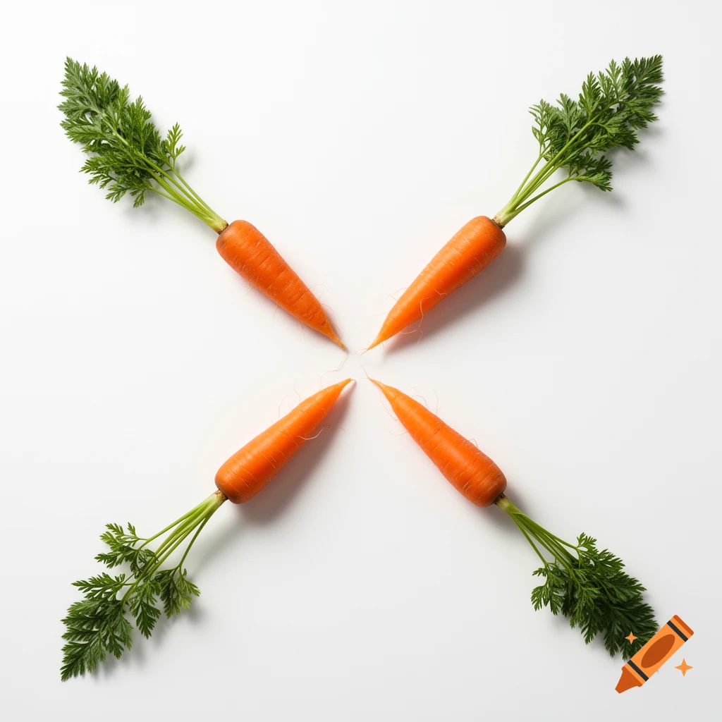 Four fresh carrots with green leafy tops arranged in an X-pattern on a white background, tips meeting at the center.