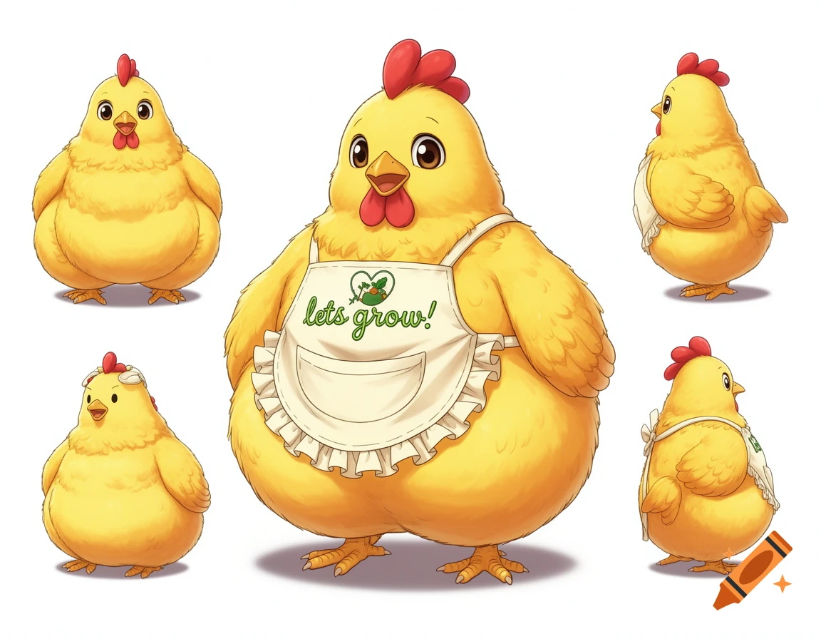 A reference sheet showing a cute, fat, yellow anthropomorphic chicken wearing an apron that says 'lets grow!' in a cell-shaded anime style.
