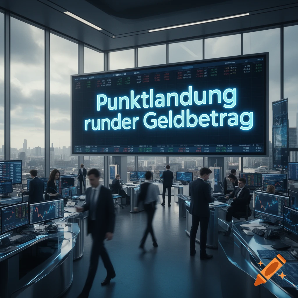 A busy, modern financial trading floor with a large screen displaying "Punktlandung runder Geldbetrag" and traders at desks.