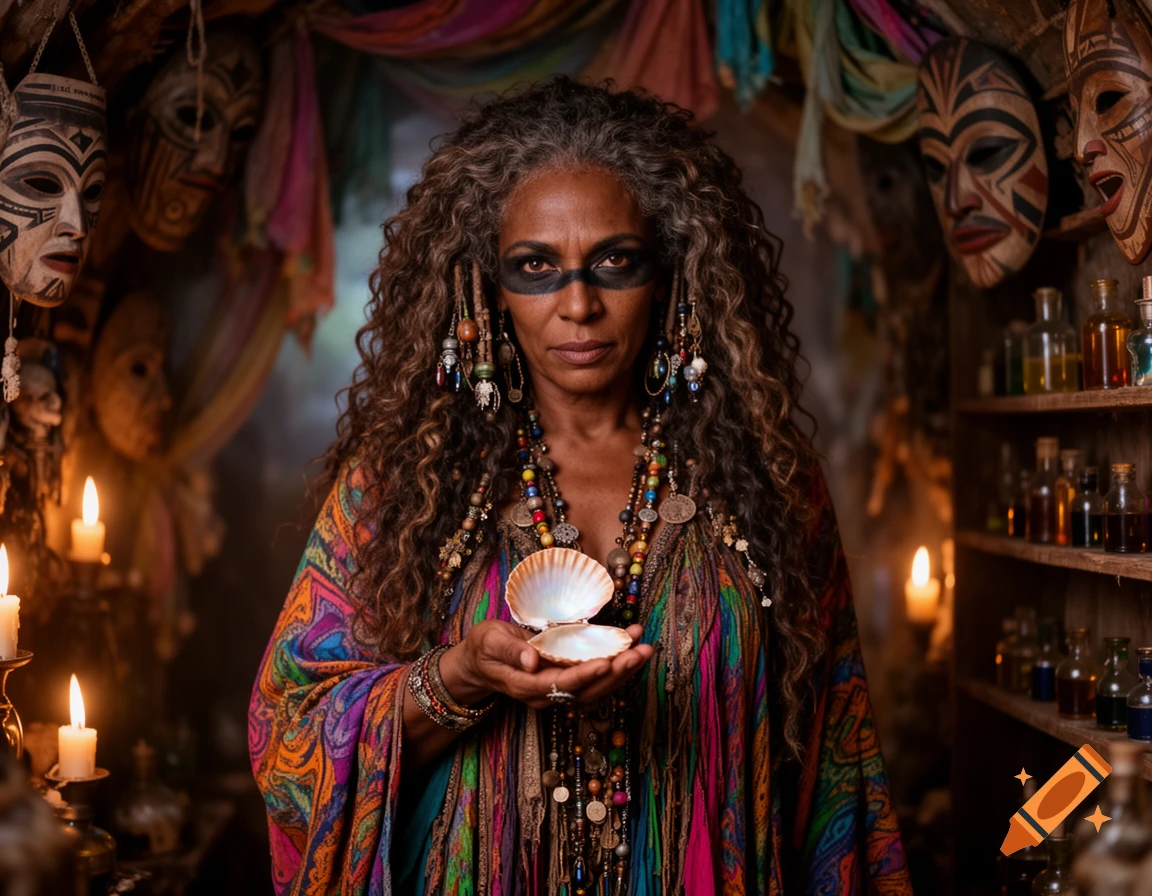 Photorealistic portrait of a mystic woman with tribal face paint, curly hair, and colorful robes, holding a seashell in a candlelit room with masks and potions.
