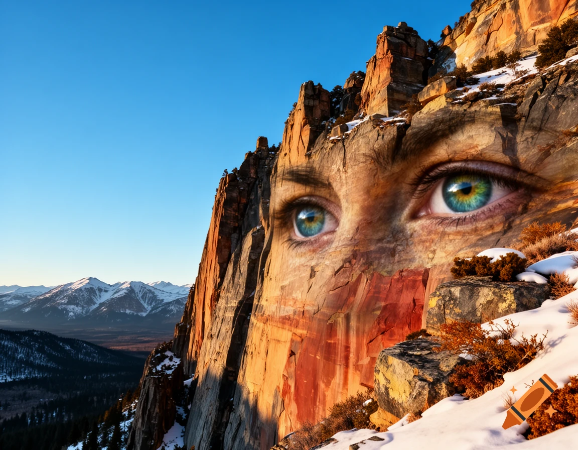 Photorealistic mountain cliff with large blue-green human eyes embedded into its rock face, overlooking a snow-dusted valley and distant peaks under a clear sky.