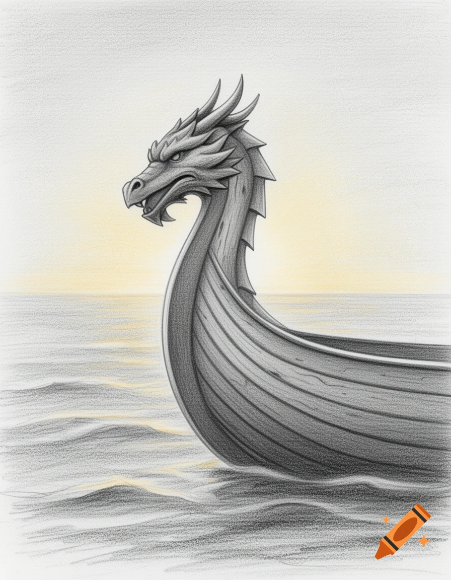 Pencil sketch of a dragon-headed Viking boat floating on calm water under a soft, light sky.