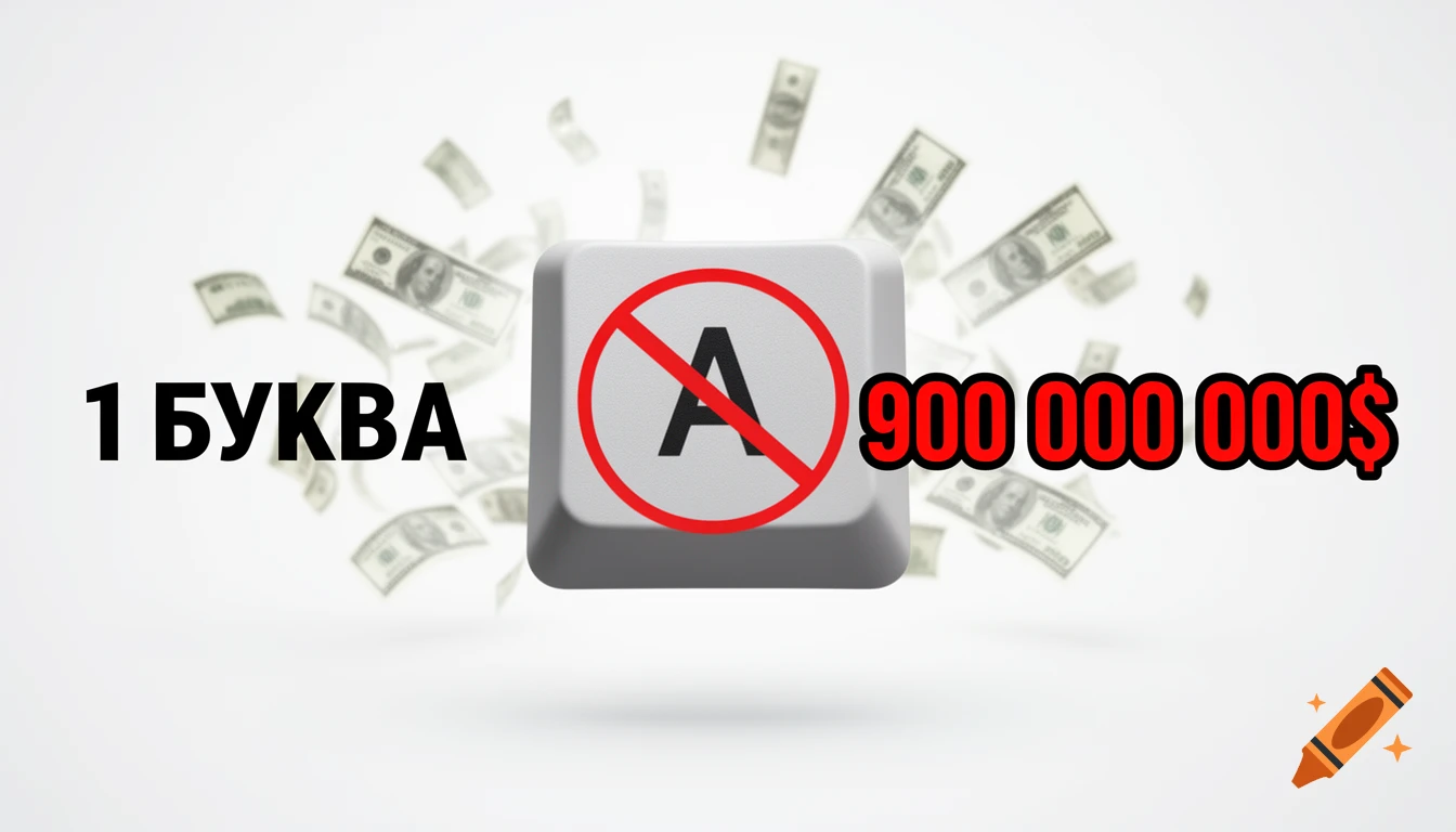 A white background with a large gray keyboard key featuring a red "no" symbol over the letter "A". Black text "1 БУКВА" is on the left, and red text "900 000 000$" is on the right. Dollar bills float in the background.