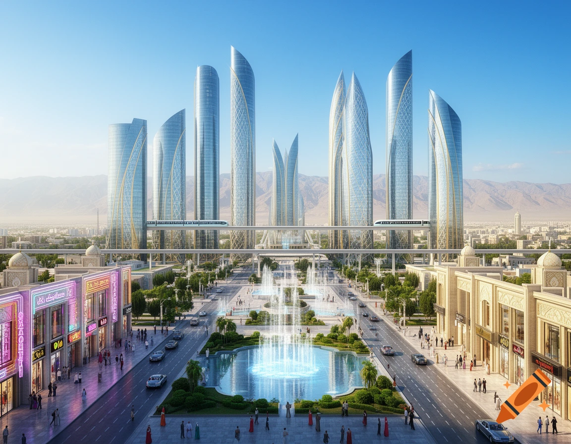 A futuristic cityscape with tall, curved glass skyscrapers, a monorail, a wide avenue with fountains, and ornate buildings.