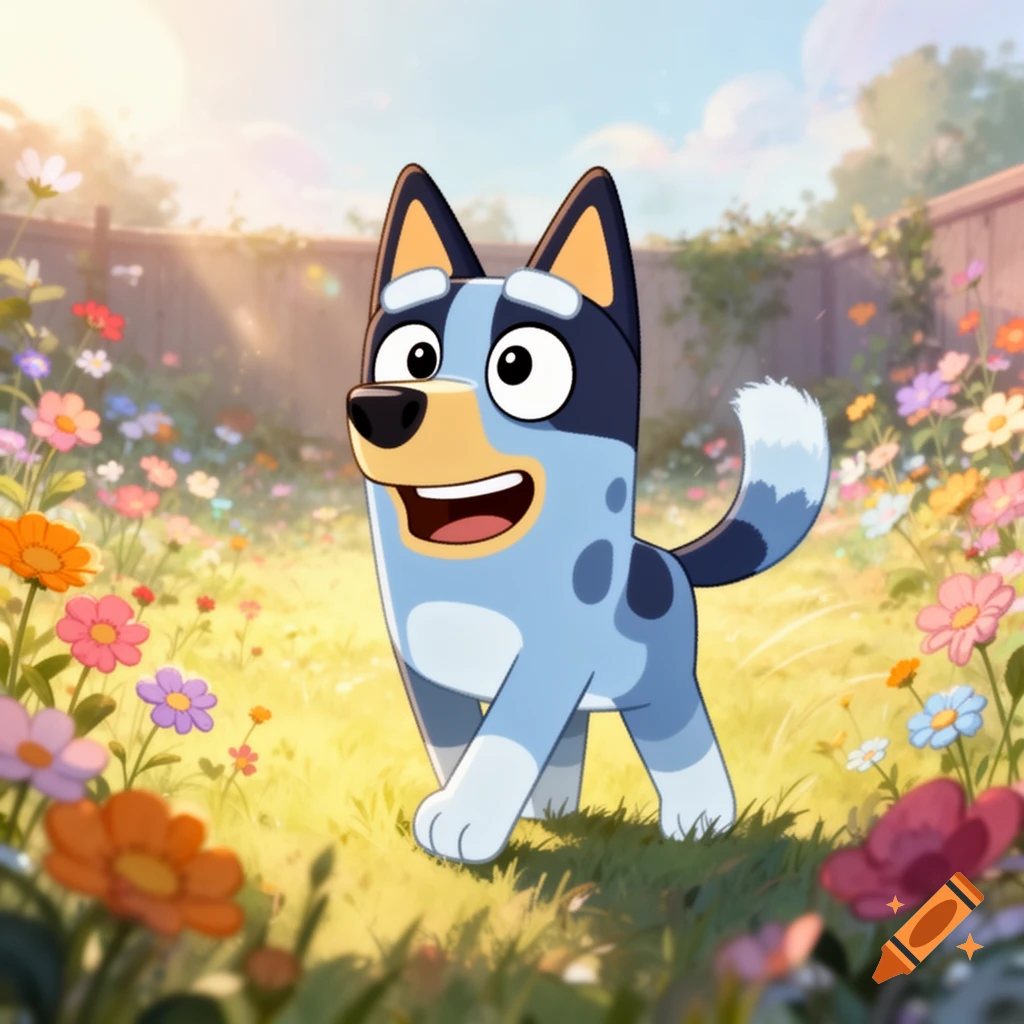 A smiling blue cartoon dog character stands in a sunny garden filled with colorful flowers.