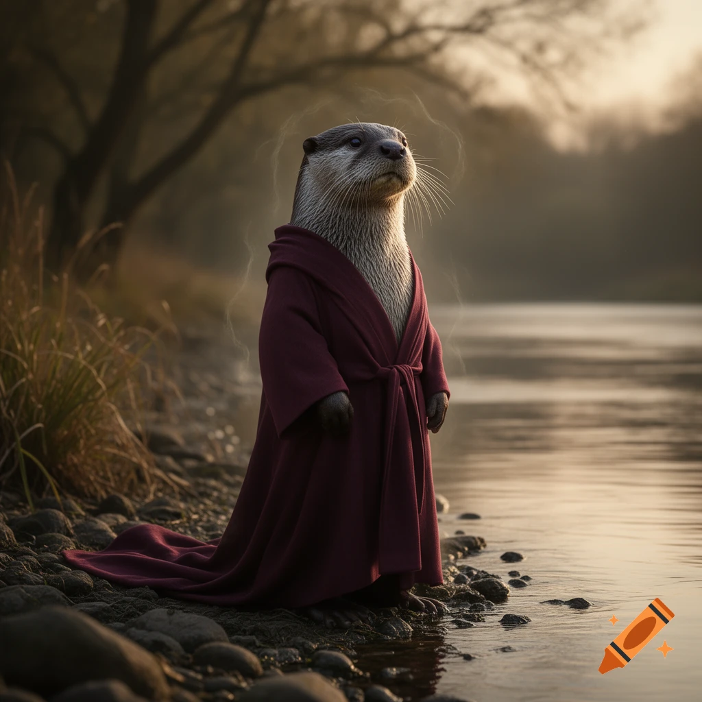 A photorealistic otter in a dark red robe stands on a rocky riverbank at dusk.
