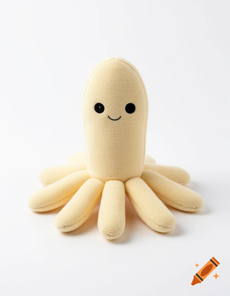 A soft light-yellow terry cloth octopus plush toy with a vertical oval head, black embroidered eyes, and a smile, on a white background.