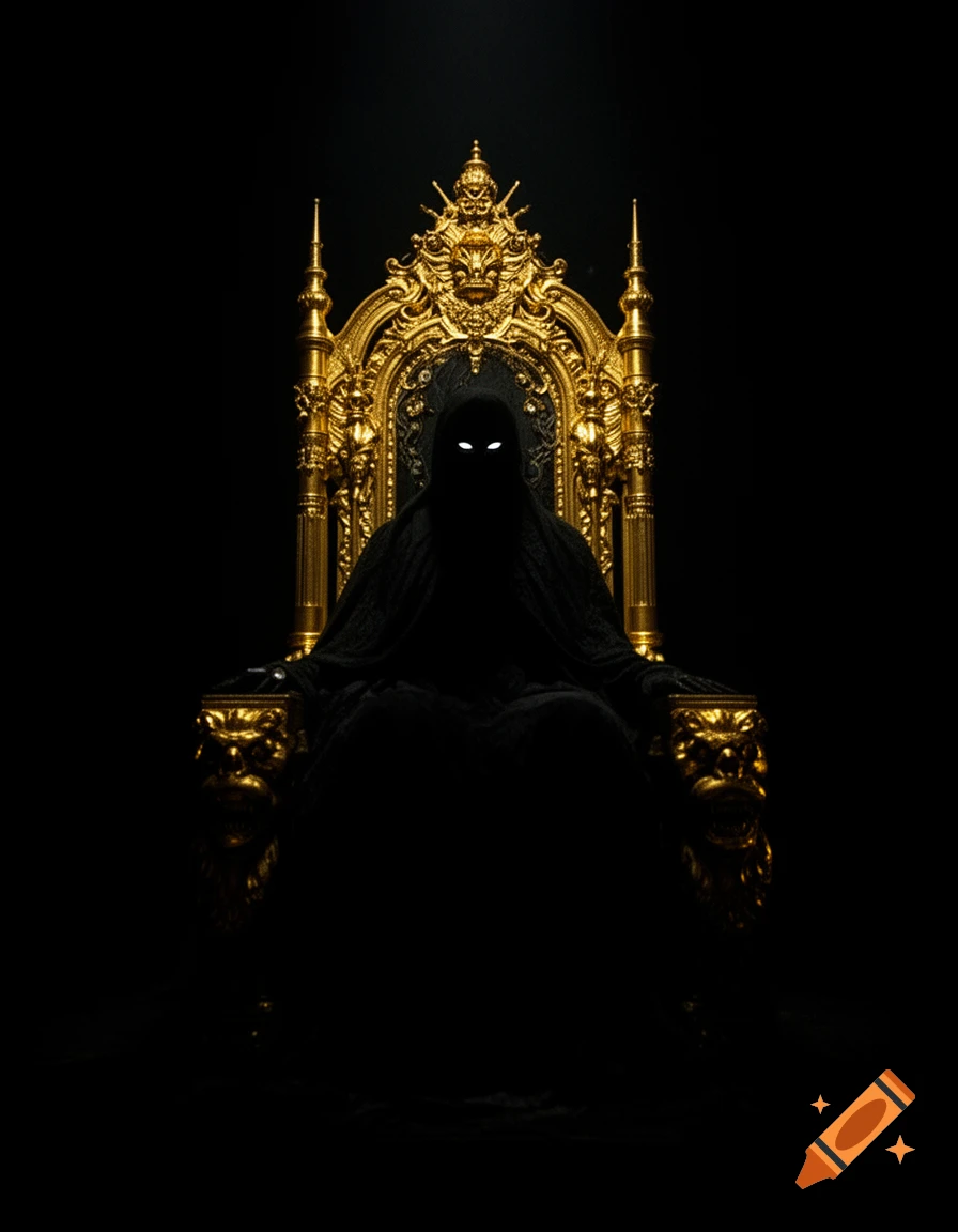 A dark hooded figure with glowing white eyes sits on an ornate golden throne, surrounded by deep blackness.