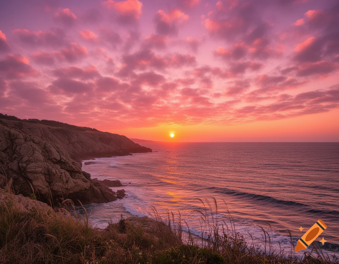 Vibrant red and purple sunset over a rocky coastline with ocean waves and lush foreground plants.