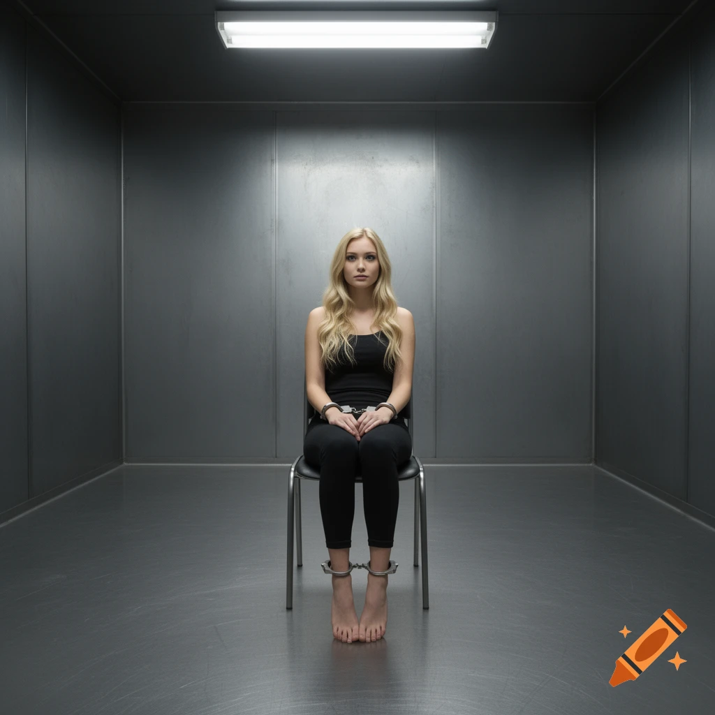 A blonde woman in a black top and pants sits on a chair in a stark metal room, her hands and feet in handcuffs.