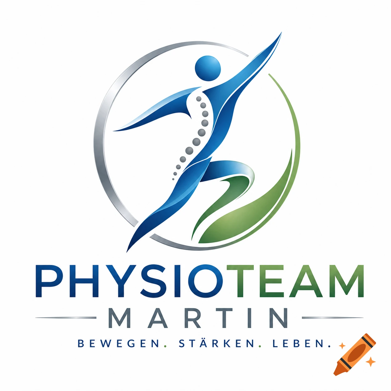 A logo for Physioteam Martin, featuring a stylized blue human figure with a spine design, inside a silver circle with a green leaf, above the text "PHYSIOTEAM MARTIN" and "BEWEGEN. STÄRKEN. LEBEN."