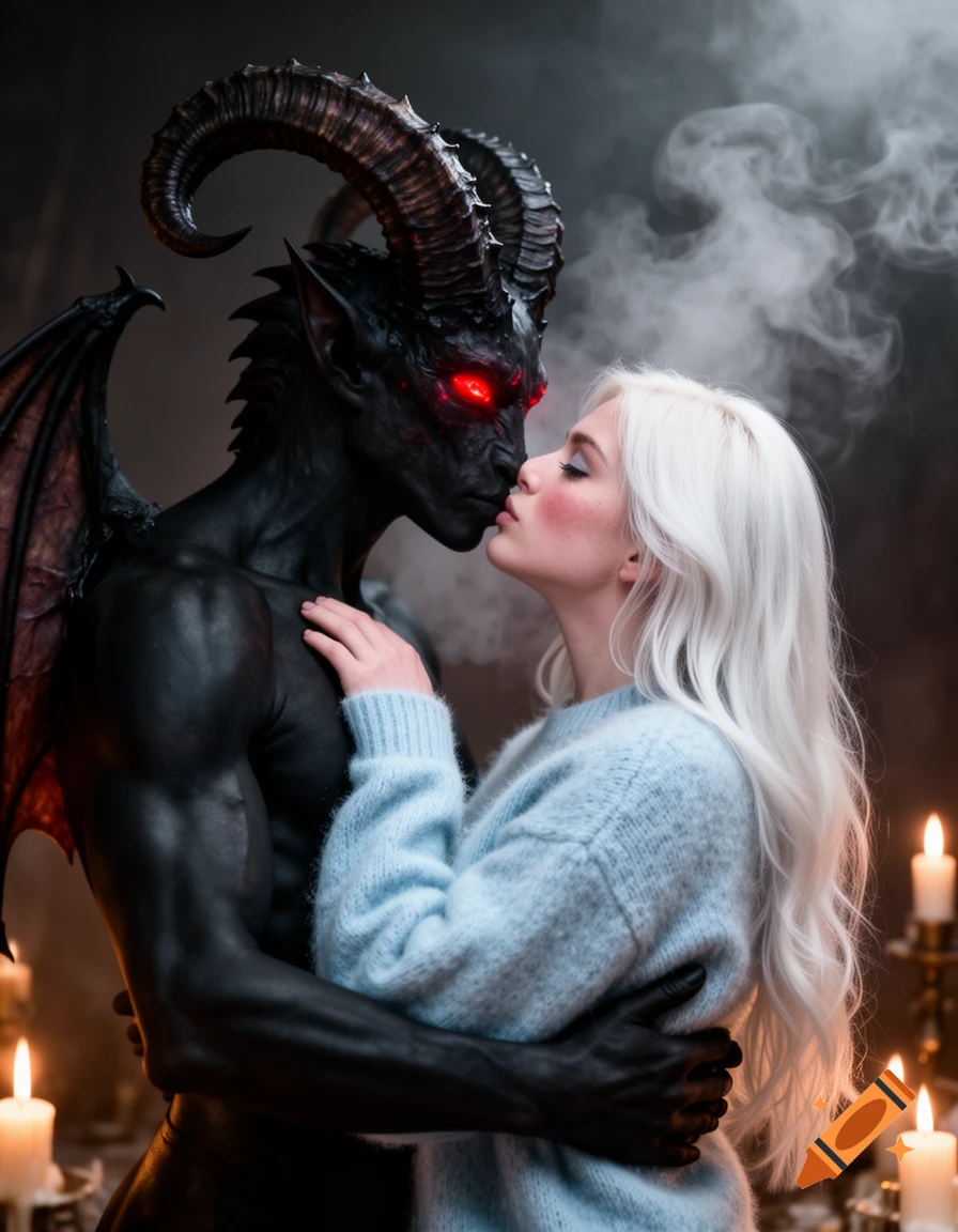 A dark-skinned demon with horns and glowing red eyes kisses a white-haired woman in a smoky, candlelit scene. Photorealistic.