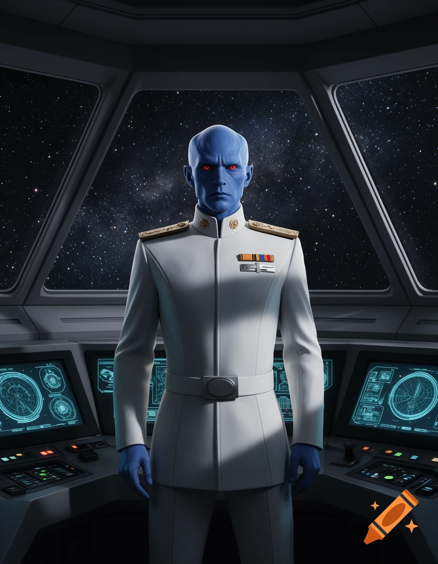 Blue-skinned alien with red eyes in a white military uniform stands in a futuristic spaceship cockpit looking directly forward.