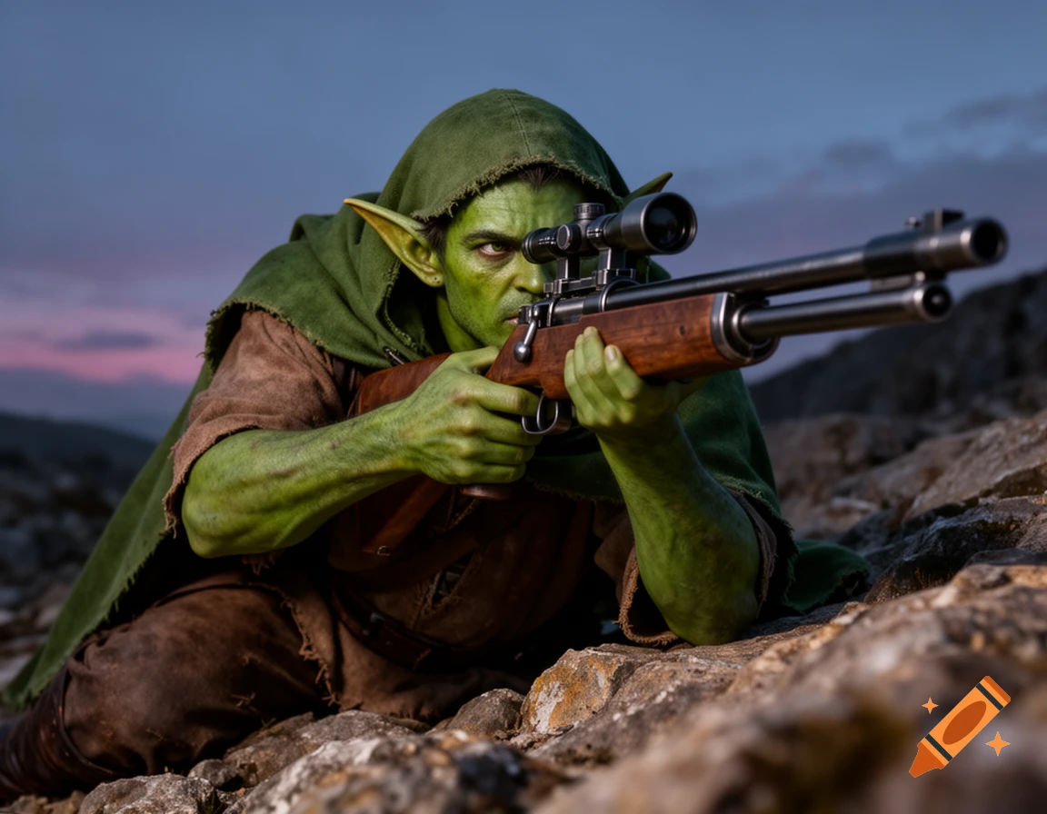 A green-skinned, goblin-like creature in a hooded cape lies on rocky terrain at twilight, aiming a long rifle.