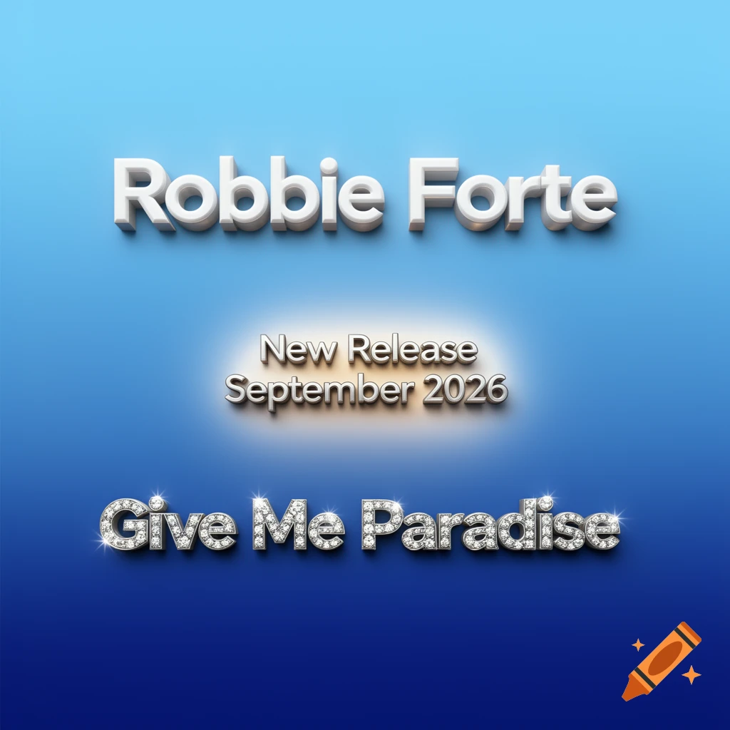 A music release announcement featuring "Robbie Forte" in 3D white text, "New Release September 2026" with a glow, and "Give Me Paradise" in diamond-encrusted text on a blue gradient background.