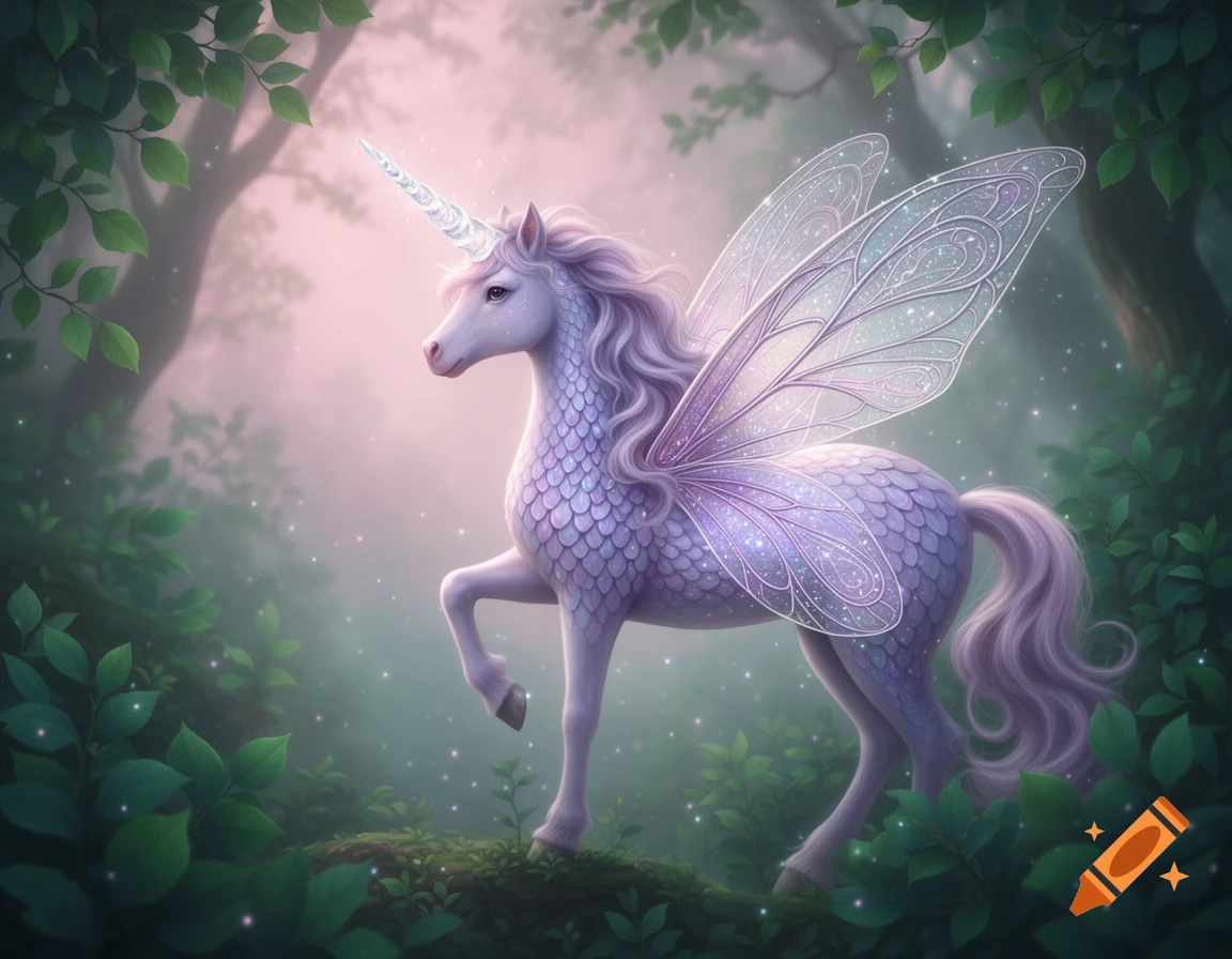 A majestic lavender winged unicorn with sparkling scales stands in an ethereal, misty enchanted forest.