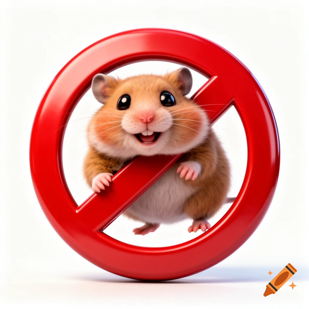 A cute, fluffy cartoon hamster smiling widely as it peeks through a large, glossy red prohibition symbol on a white background.