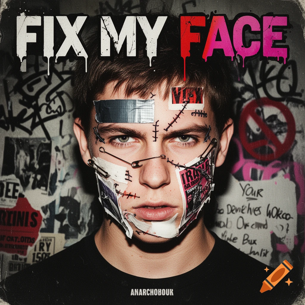 A close-up of a young person with a punk aesthetic, featuring DIY facial repairs like duct tape, safety pins, and stitches. The text "FIX MY FACE" in distressed letters is at the top, and "ANARCHOBDUK" is at the bottom, against a background of graffiti and torn flyers, in a gritty, high-contrast style.