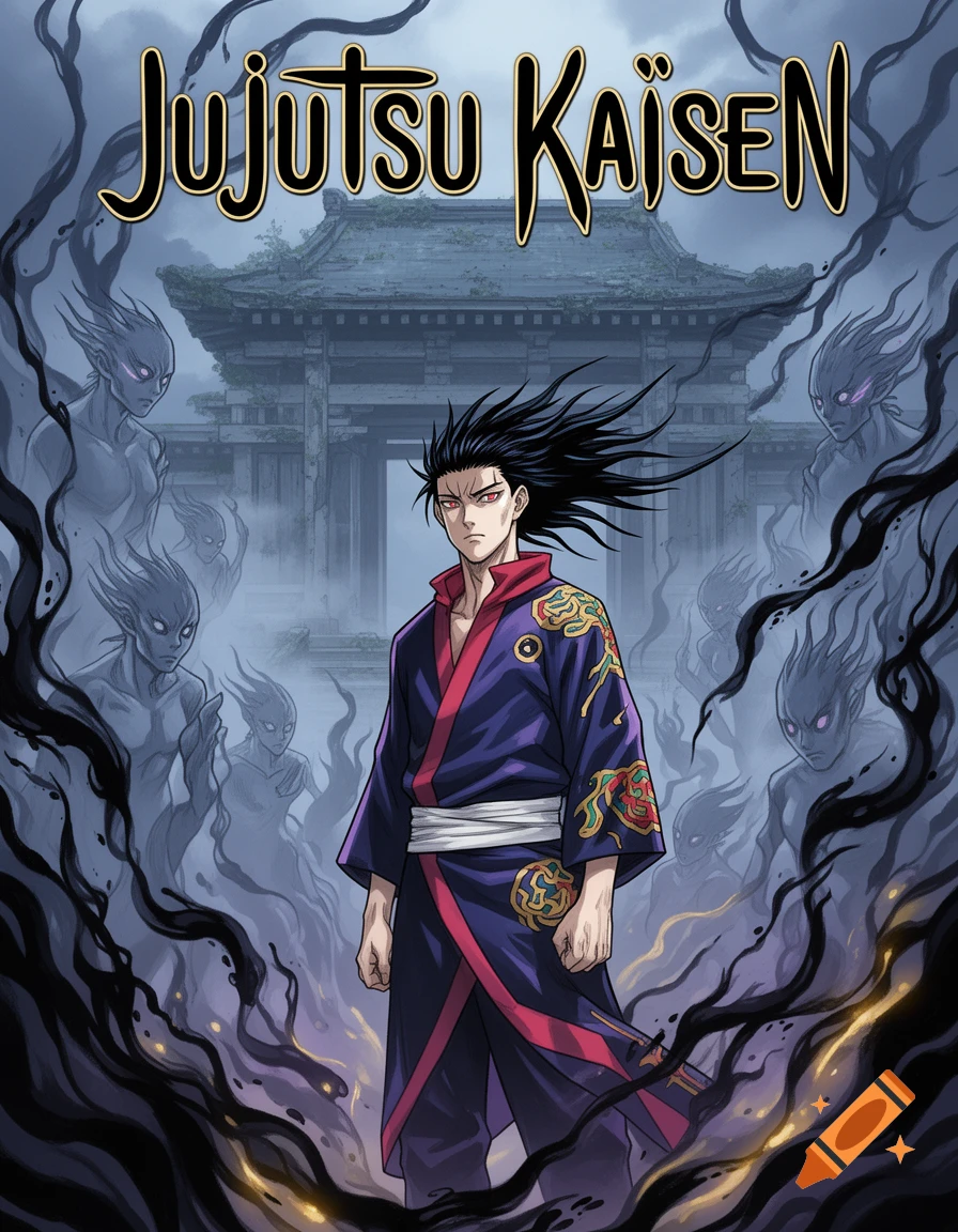 Anime illustration of a dark-haired male in a purple robe, standing before a temple surrounded by shadowy figures and dark wisps. Text 'Jujutsu Kaisen'.