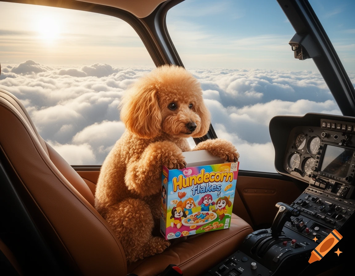 A fluffy brown poodle sits in a helicopter cockpit, holding a 'Hundecorn flakes' cereal box, flying above clouds at sunset.