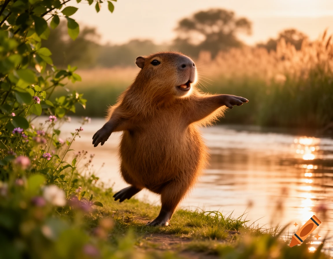 A cute capybara stands on two legs, arms outstretched, seemingly dancing by a river at golden hour.