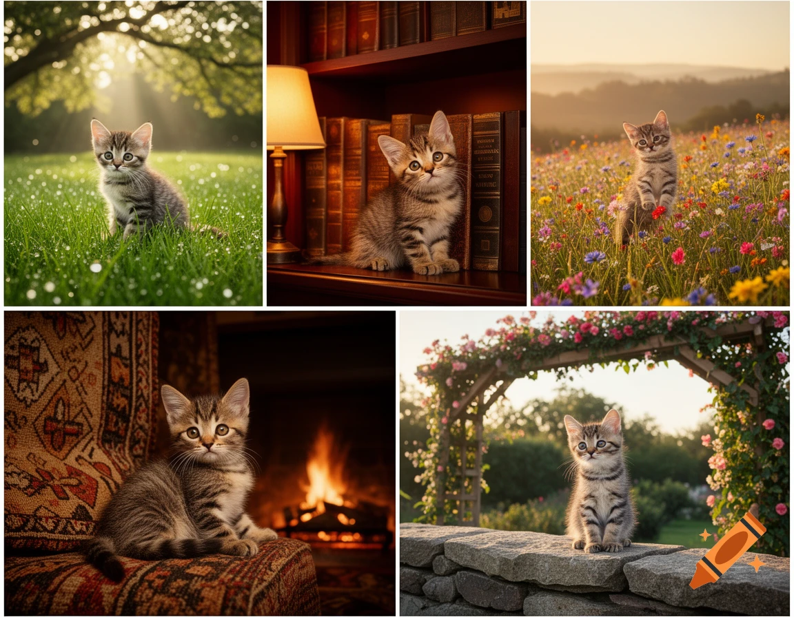 Five photorealistic scenes of a tabby kitten in different settings: grass, bookshelf, wildflower field, by a fireplace, and on a stone wall with roses.