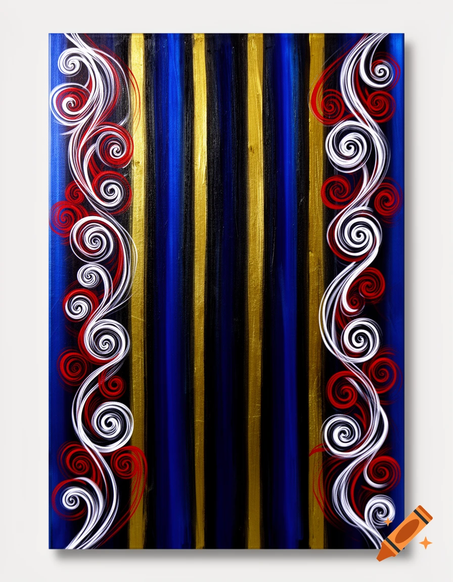 Abstract painting with vertical blue, black, and gold stripes, framed by swirling white and red decorative motifs.